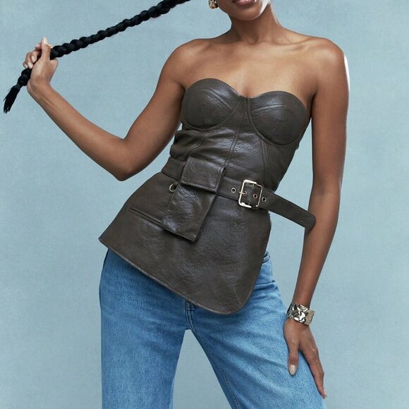 Tops - Brown Casual Women's Asymmetric Faux Leather Bandeau Top With Belt And Purse